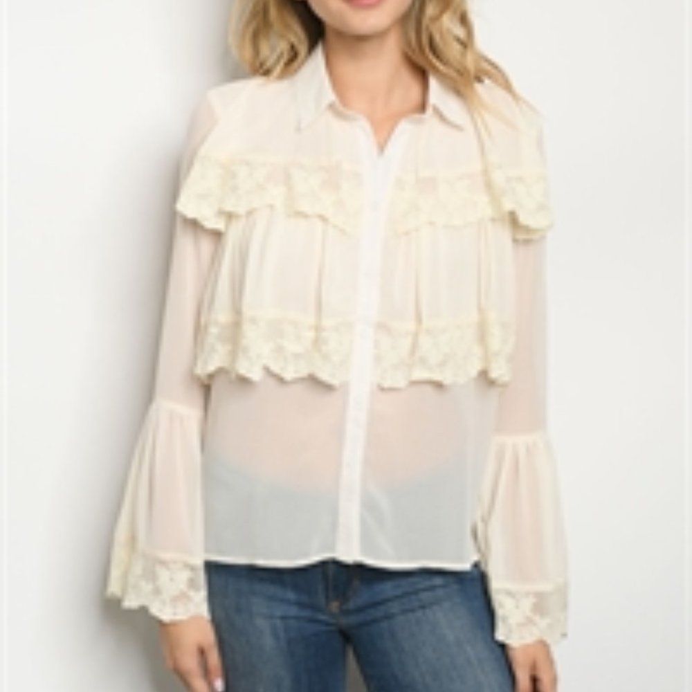 Bell sleeve cream button up ruffle blouse